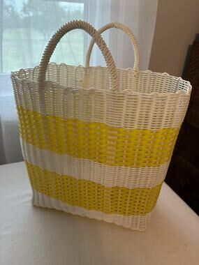 Tote Bag Yellow Medium Deep Woven Recyclyed Plastic Handbag White Purse